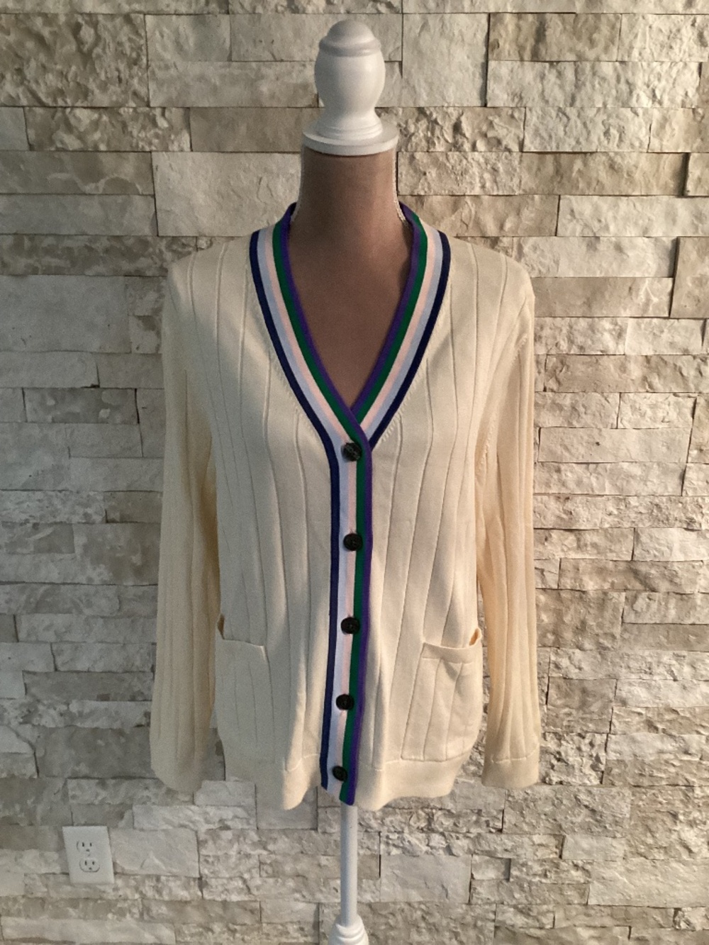 KULE Cream The Binx Striped Trim V-Neck Ribbed Cotton Cardigan Sweater Size M